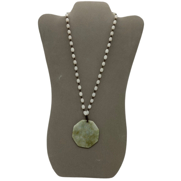 White Glass Bead 22" Necklace Green Nephrite Jade Carved Octagonal Pendant China - Picture 11 of 16